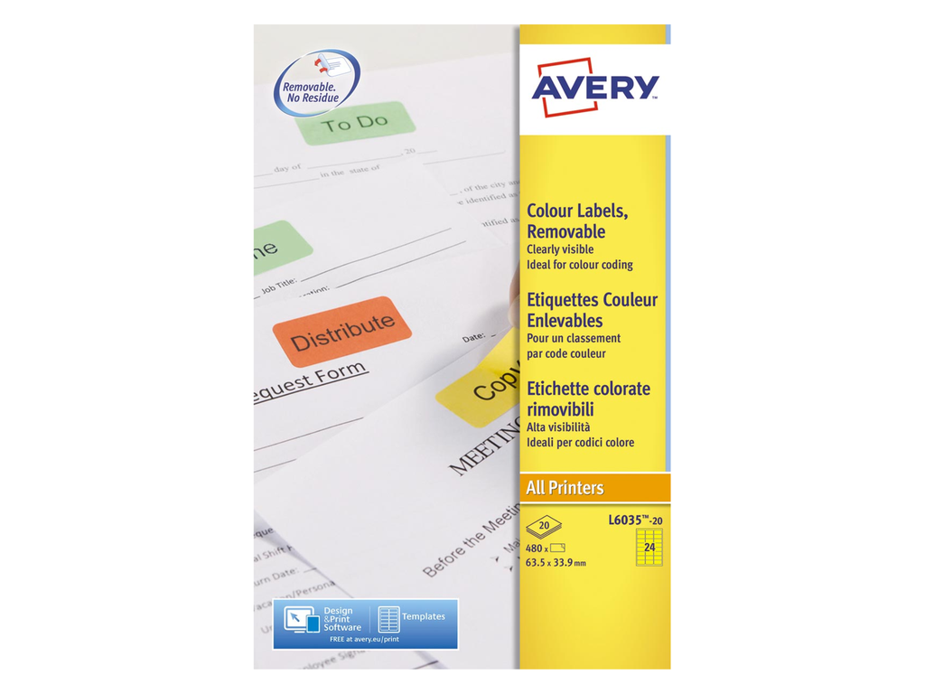 Etiketten Avery Removable 24 etik/bl 63,5x33,9mm geel (20)