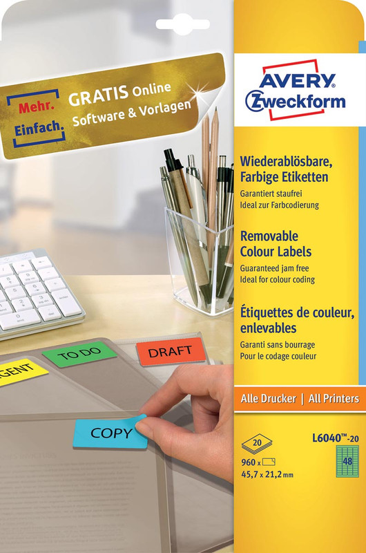 Etiketten Avery Removable 48 etik/bl 45,7x21,2mm groen (20)
