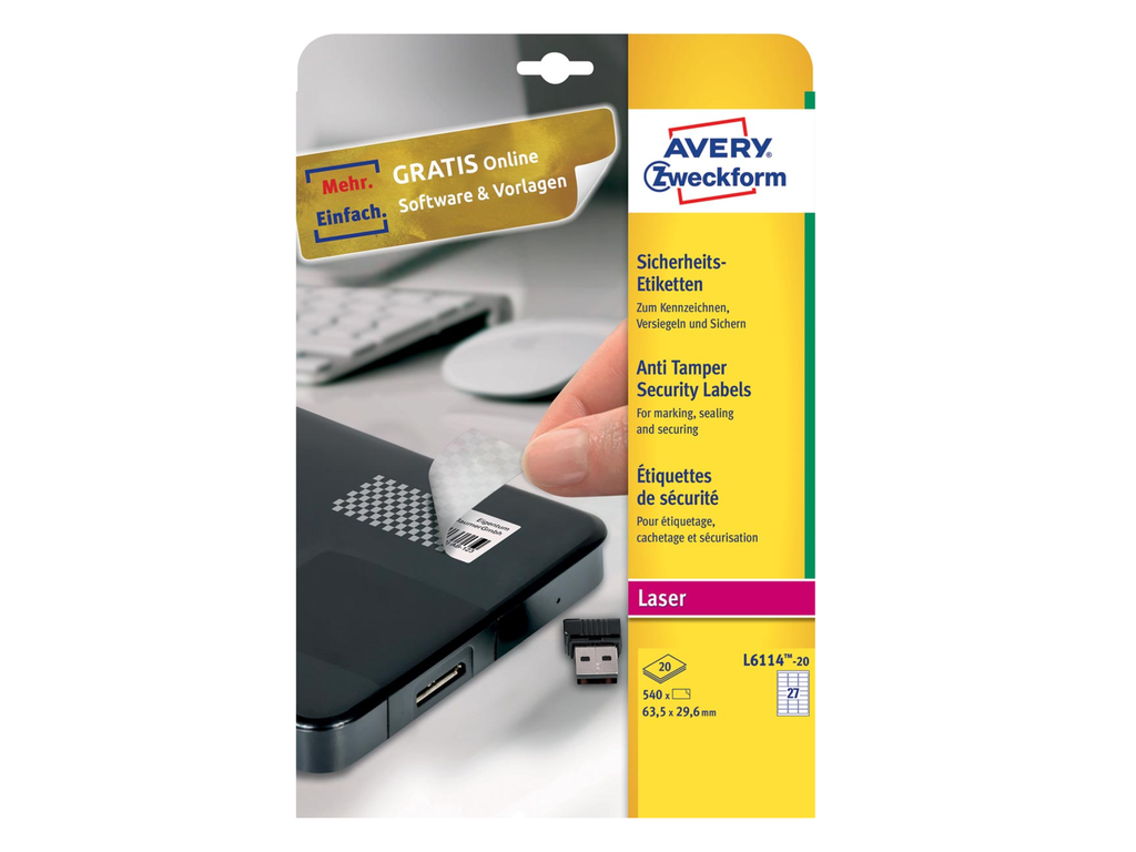 Etiketten Avery Anti-Fraude 27 etik/bl 63,5x29,6mm voor laser wit (20)