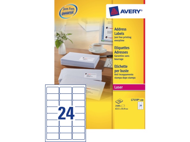 Etiketten Avery Address 24 etik/bl 63,5x33,9mm voor laser wit (100)
