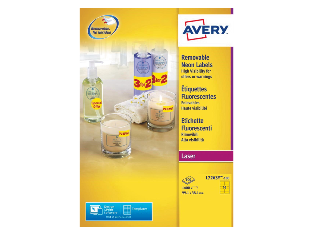 Etiketten Avery Removable 14 etik/bl 99,1x38,1mm voor laser geel (100)