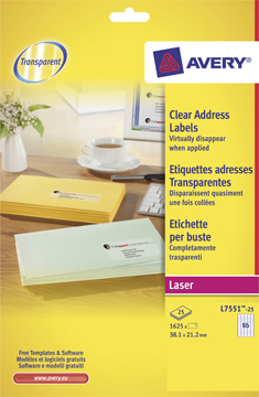 Etiketten Avery Address 65 etik/bl 38,1x21,2mm voor laser transparant (25)