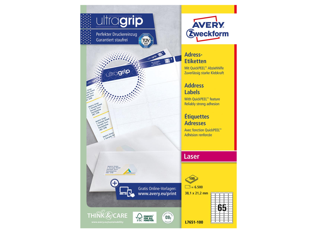 Etiketten Avery Address 65 etik/bl 38,1x21,2mm voor laser wit (100)