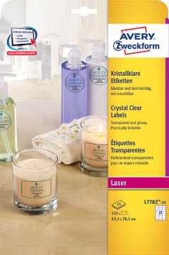 Etiketten Avery Clear 21 etik/bl 63,5x38,1mm voor laser transparant (25)