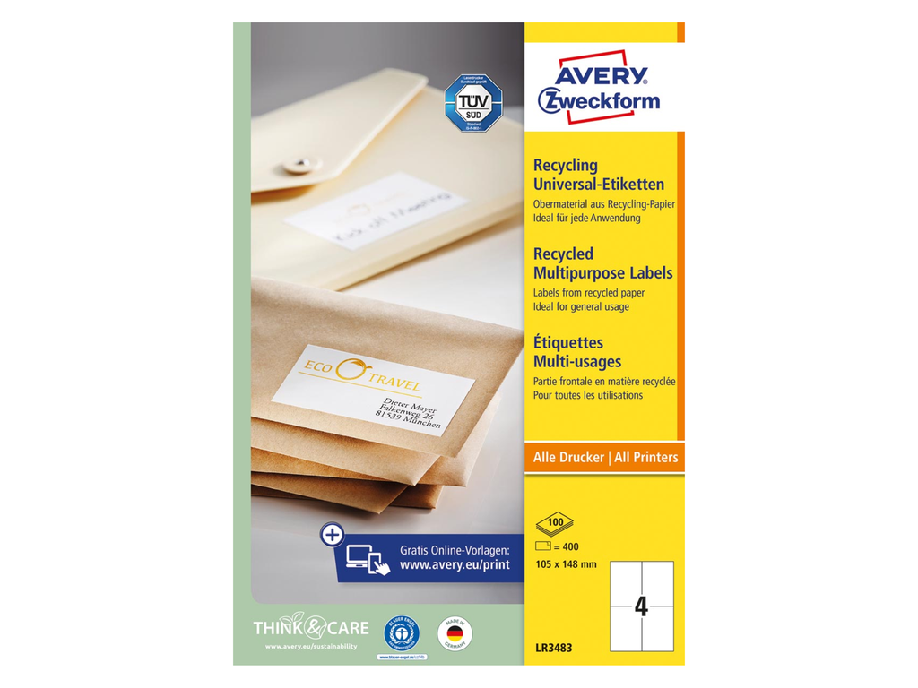 Etiketten Avery Recycled 04 etik/bl 105x148mm wit (100)