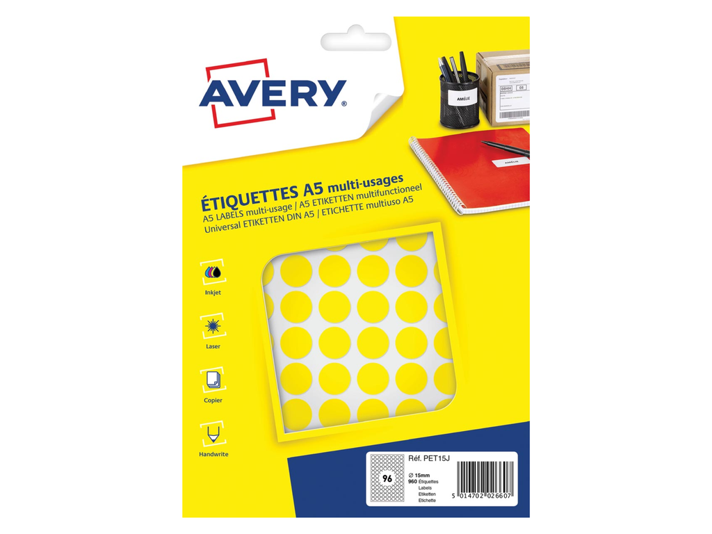Markeringsetiket Avery 96 etik/bl. Ø15mm geel (10)