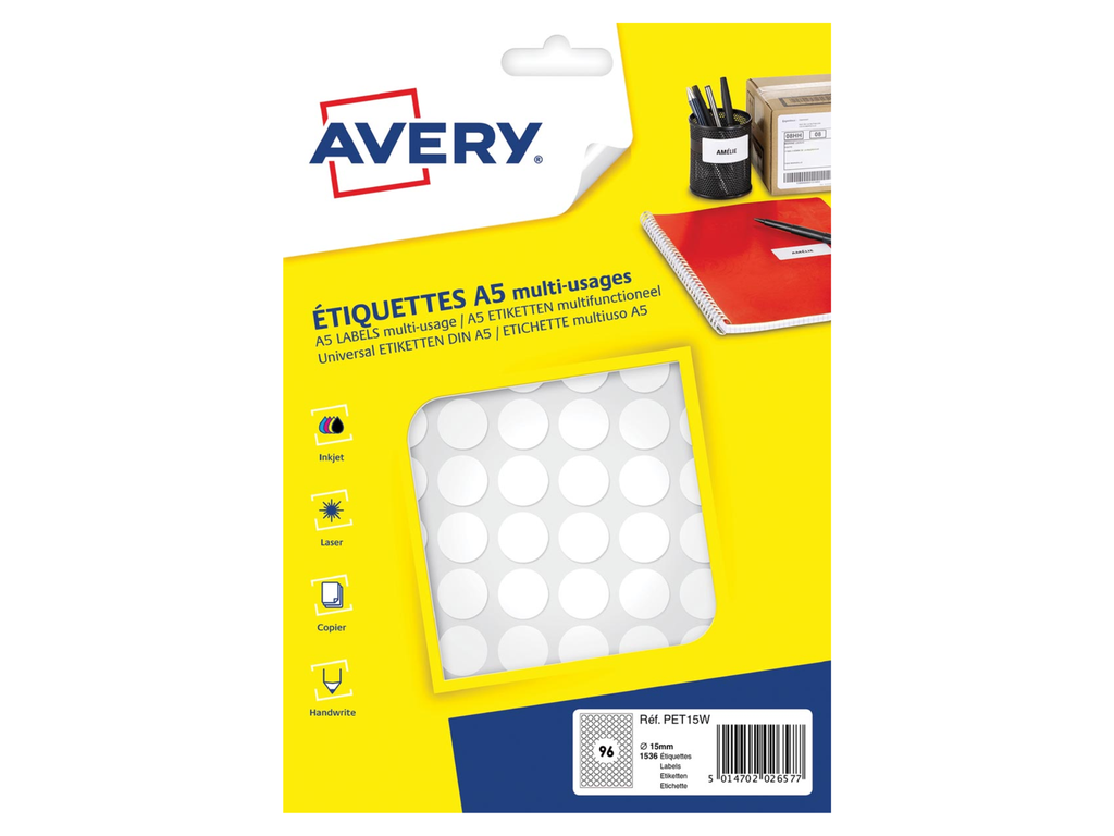 Markeringsetiket Avery 96 etik/bl. Ø15mm wit(16)