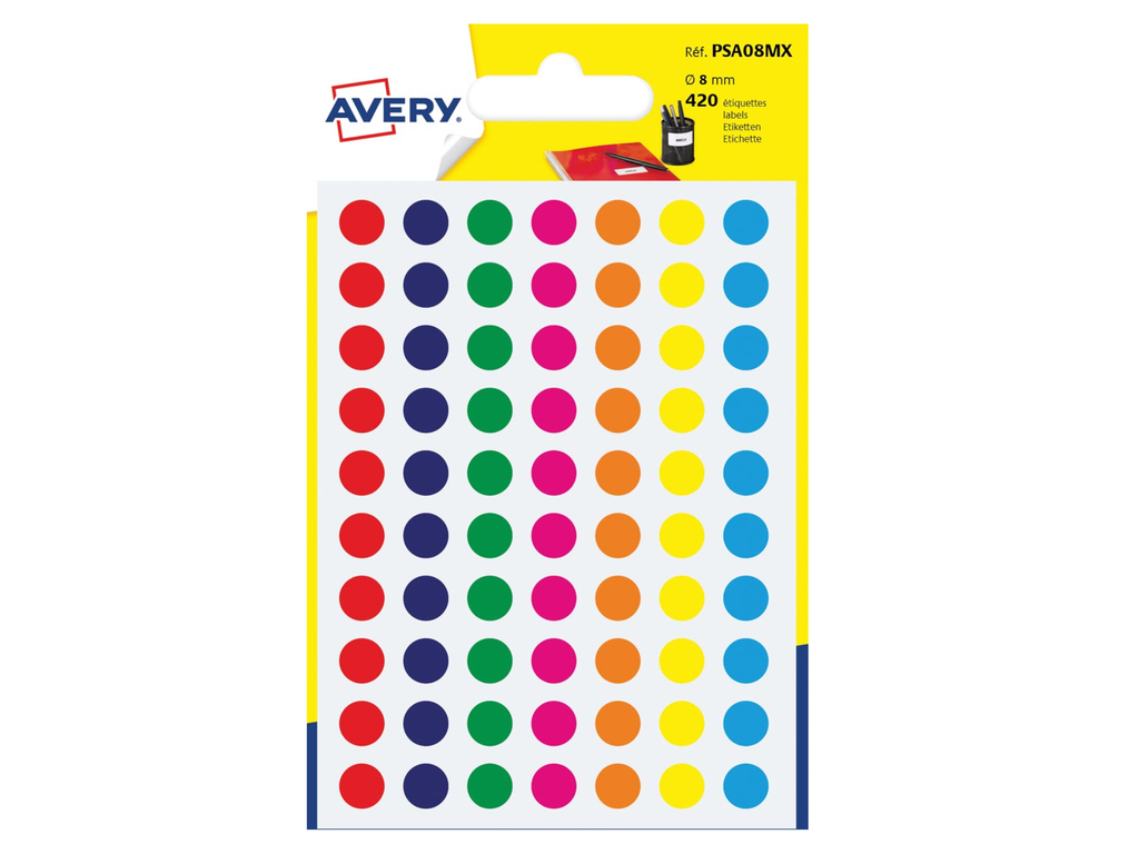 Markeringsetiket Avery 70 etik/bl. Ø8mm assorti (6)