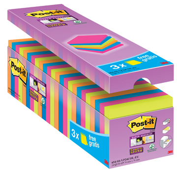 Memoblok Post-It Super Sticky 76x76mm assorti voordeelpak 21+3 gratis