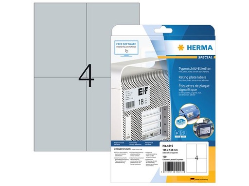 [HER-4216] Etiketten Herma A4 4 etik/bl 105x148mm extra sterk weer- en waterbestendig zilver (25)
