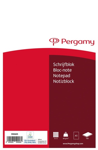[TIM-990605] Schrijfblok Pergamy kopgeniet A5 100vel geruit 5mm