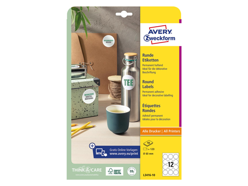 [TIM-341610] Etiketten Avery permanent klevend 12 etik/bl Ø60mm wit (10)