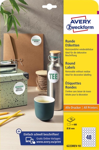 [TIM-6223R10] Etiketten Avery afneembare rond 48 etik/bl Ø30mm wit (480)
