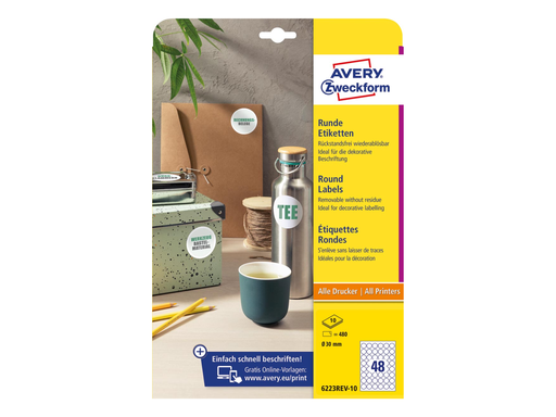 [TIM-6223R10] Etiketten Avery afneembare rond 48 etik/bl Ø30mm wit
