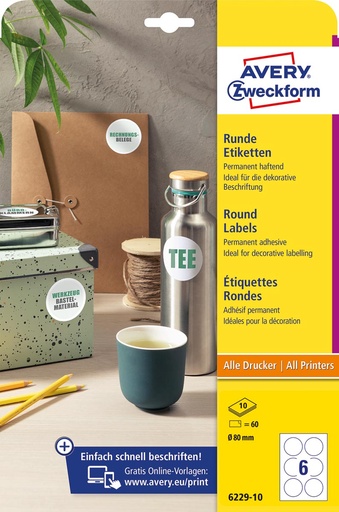 [TIM-622910] Etiket Avery permanent klevend rond 6 etiket/ Ø 80mm wit (10)