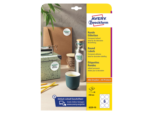 [TIM-622910] Etiket Avery permanent klevend rond 6 etiket/ Ø 80mm wit (10)