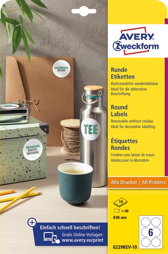 [TIM-6229R10] Etiket Avery afneembaar rond 6 etiket/ Ø 80mm wit (60)