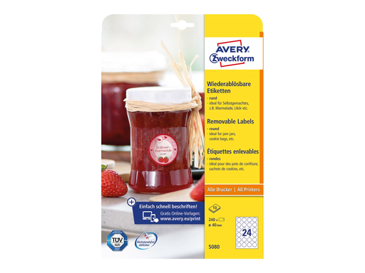 [TIM-A5080] Etiketten Avery afneembaar rond 24 etik/bl Ø40mm wit (10bl/doos)