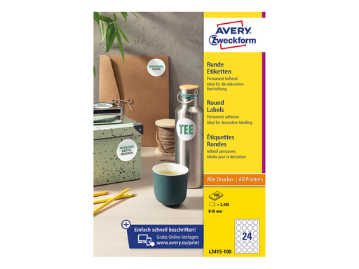 [TIM-L341510] Etiketten Avery rond permanent klevend 24 Etiketten/blad Ø40mm wit (10bl/doos)