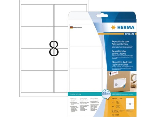[HER-10018] Etiketten Herma 08 etik/bl 99,1x67,7mm wit afneembaar 25bl/doos