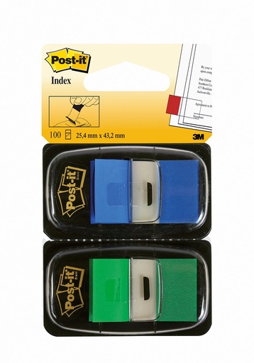 [TIM-680GB2] Index Post-It Standaard 25,4x43,2mm 50tabs per kleur groen en blauw blister (2)