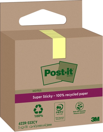 [TIM-6223Y] Memoblok Post-It Super Sticky Notes Recycled 47,6x47,6mm 70vel geel (3)