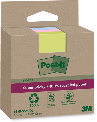 [TIM-6543AS] Memoblok Post-It Super Sticky Notes Recycled 76x76mm 70vel assorti (3)