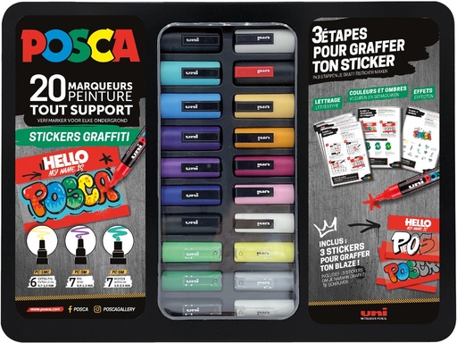 [TIM-PC20017] Paintmarkers Posca Stickers Graffiti metalen doos assorti (20)