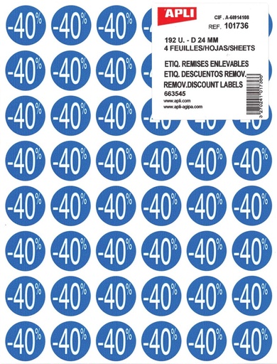 [TIM-101736] Kortinglabel Apli non-permanent -40% 24mm blauw (192)