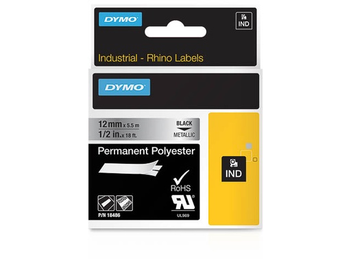 [DYM-S0718180] Dymo Rhino tape perm poly 12mmx5,5m zwart/zilver