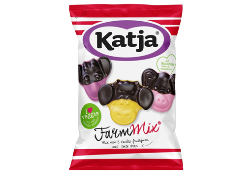 [TIM-37049] Snoep drop Katja Farm Mix mix van 3 zachte fruitgums met zoete drop zak 255g