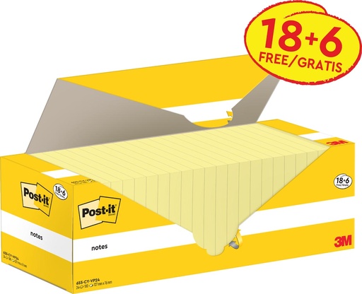 [TIM-655CYVP] Memoblok Post-It Notes 76x127mm 100vel geel 18+6gratis (24)