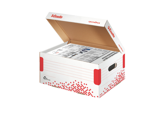 [ESS-623911] Archiefcontainer Esselte Speedbox karton A4/folio 355x193x252mm met klepdeksel wit/rood