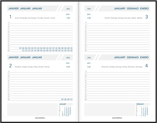 [AGE-FA111Z] Agenda Aurora Folio FA111 Balacron 140x210mm zestalig zwart 2026 2 dagen/pagina