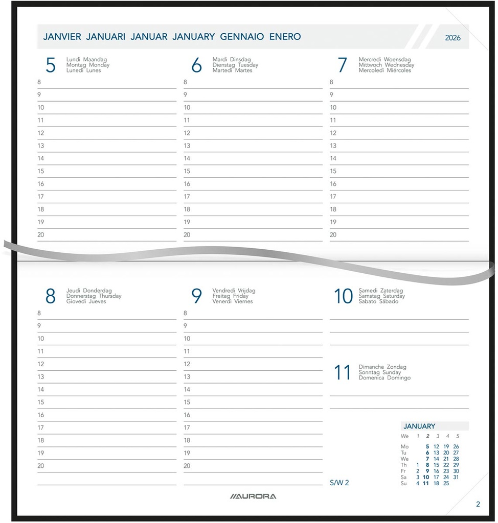 Agenda Aurora Novoplan 17 Florence 165x90mm zestalig zwart 2026 1 week/2 pagina's