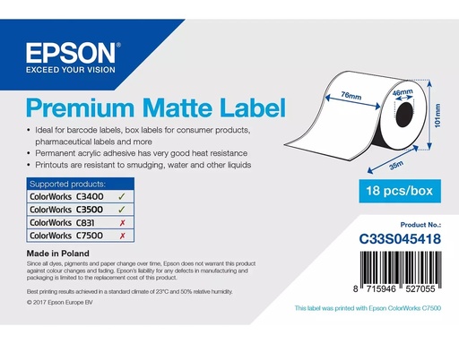 [ETI-C33S045418] Etiket op rol Epson C33S045418 76mm 33meter wit mat permanent