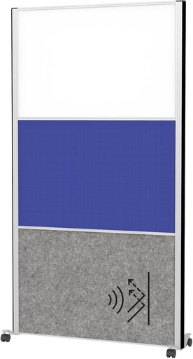 [TIM-9651795] Akoestische scheidingswand MAULconnecto 180x100cm 1 paneel donkergrijs en 1 paneel blauw textiel 1 paneel whiteboard en frame zilver met wielen mobiel