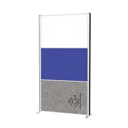 [TIM-9651695] Akoestische scheidingswand MAULconnecto 180x100cm 1 paneel donkergrijs en 1 paneel blauw textiel 1 paneel whiteboard en frame zilver met voet