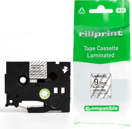 [CTE-CTZE121] Compatibele tape voor P-Touch TZE-121 9mmx8m zwart op transparant 