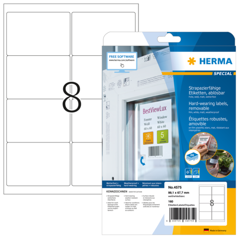 [HER-4575] Etiketten Herma A4 08 etik/bl 99,1x67,7mm weer- en waterbestendig afneembaar wit (20) 