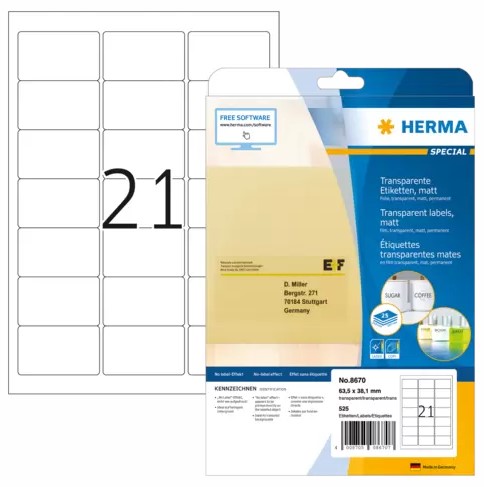 [HER-8670] Etiketten Herma 21etik/bl transparant 63,5x38,1mm ronde hoeken 25bl/doos