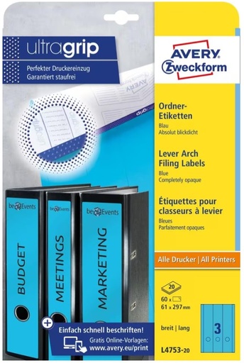 [AVE-L4753-20] Rugetiket Avery 03 etik/bl 297x61mm blauw (20) (L475320)