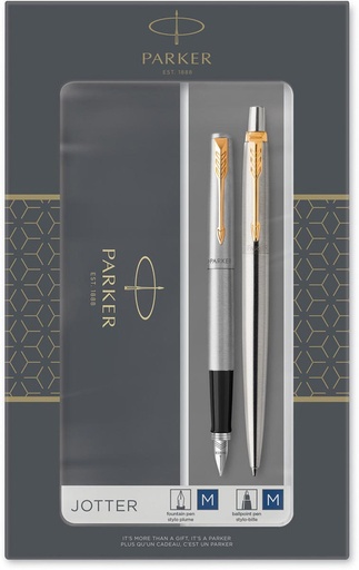 [TIM-2093257] Giftbox Parker Jotter Duo vulpen en balpen blauwe inkt medium punt zilver/goud
