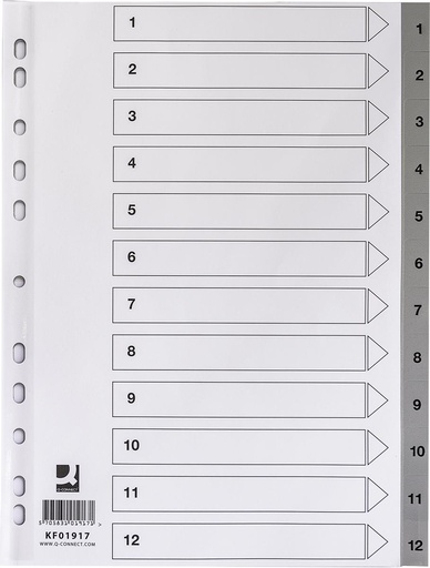 [TIM-KF01917] Tabbladen Q-Connect PP A4 1-12 11-gaats met indexblad grijs
