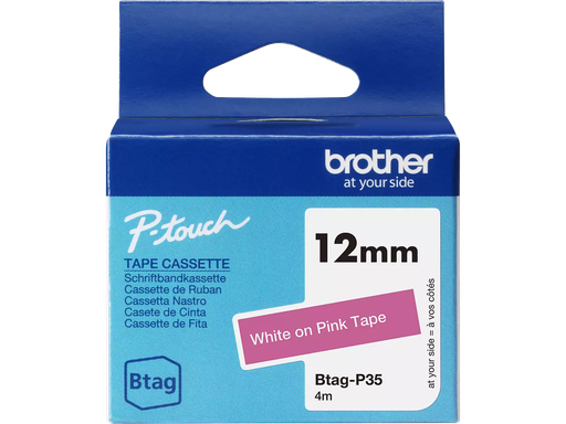 [PTO-BTAGP35] Tape Brother P-Touch BTAG-P35 12mm wit op roze 