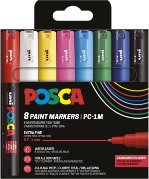 [TIM-PC1MC8A] Paintmarker Uni Posca PC-1MC ronde punt 0,7-1mm assorti basiskleuren (8)