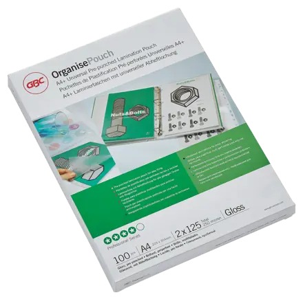 [ACCO-3743156] Lamineerhoes GBC Organise A4+ 2x125µ glanzend met perforatieband (100)