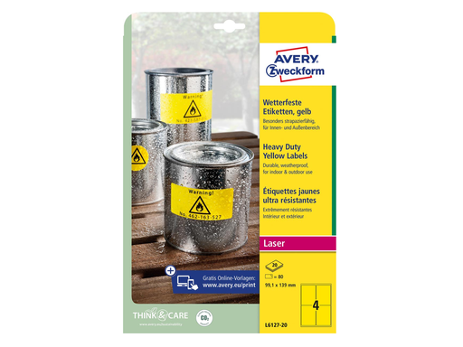 [TIM-L612720] Etiketten Avery 04 etik/bl 99,1x139mm waterbestendig geel 20bl/d (80)