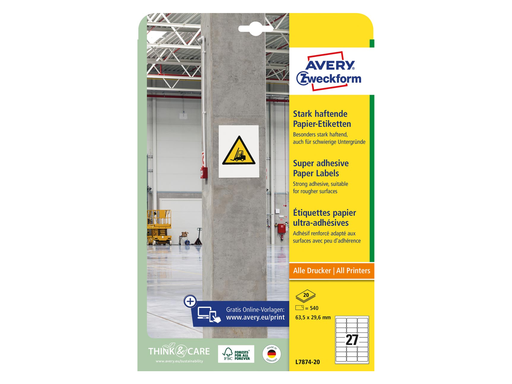 [TIM-L787420] Etiketten Avery 27 etik/bl 63,5x29,6mm sterk klevend wit 20bl/d (540)