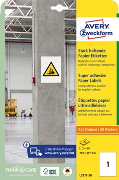[TIM-L787720] Etiketten Avery 01 etik/bl 210x297mm sterk klevend wit 20bl/d 